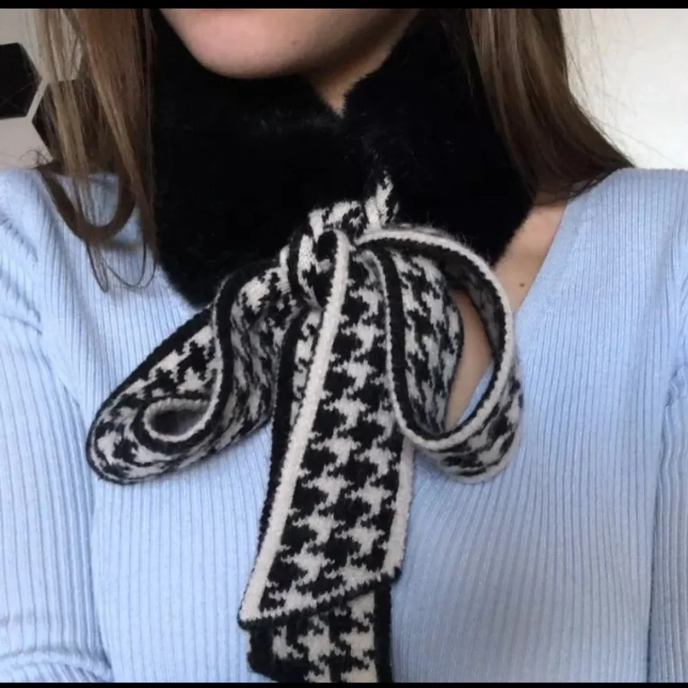 Faux Fur Neck Scarf Houndstooth Foulard Black White Tie
